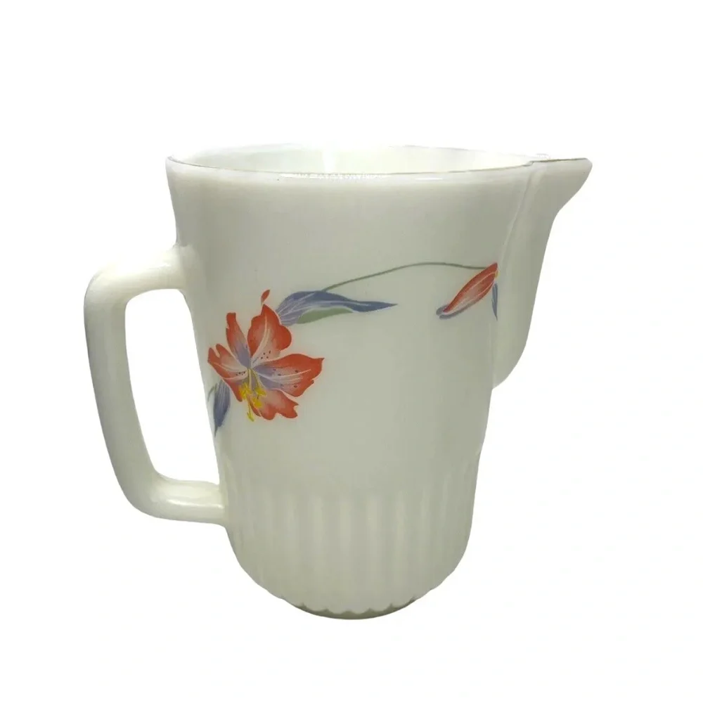 Neolex By Crystal Gold Rim Pitcher Oven Proof Opaque Milk Glass Floral Lily Vtg